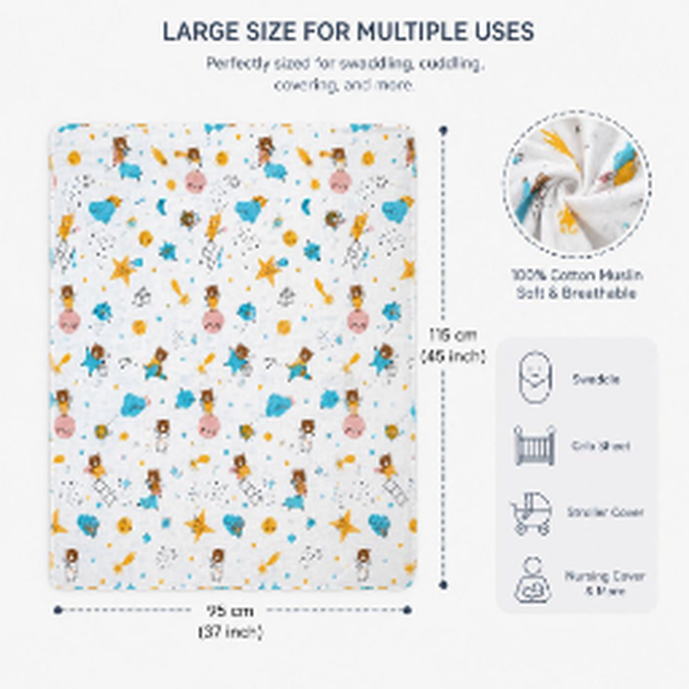 Zikku Set of 3 Baby Muslin Swaddle Wraps - 100% Cotton Multpurpose Baby Blanket