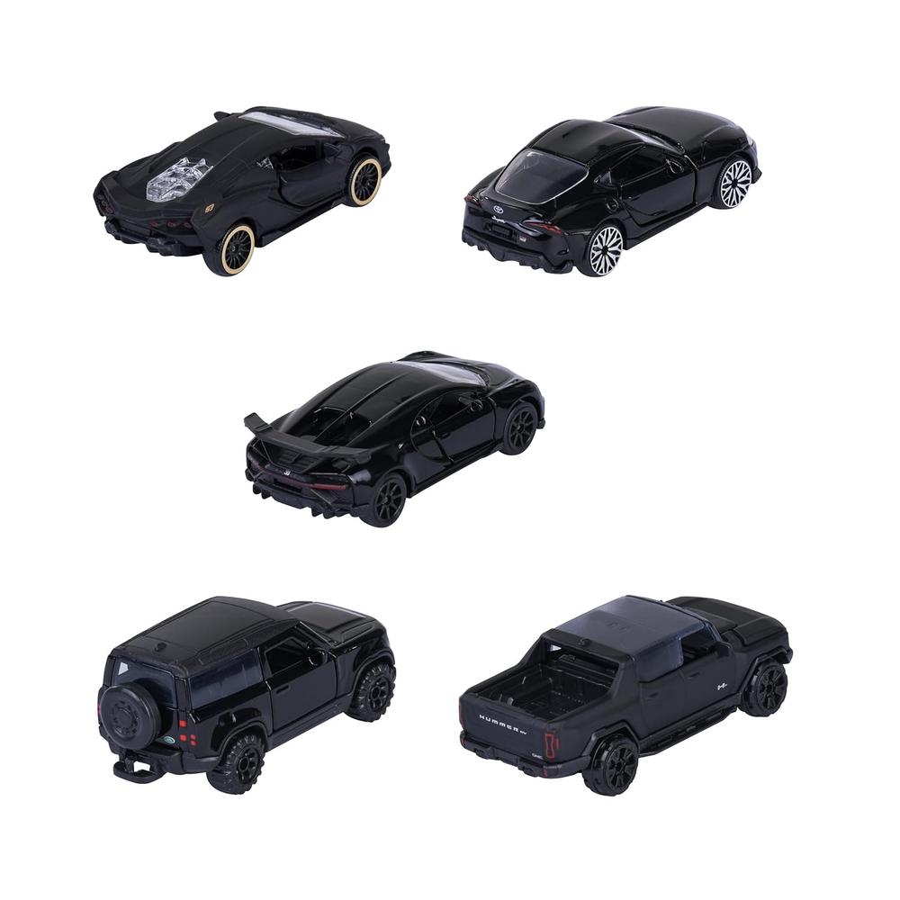Set of 5 Licensed Majorette Diecast Cars (Black Edition) -  Bugatti Chiron Pur Sport, Lamborghini Sián FKP 37, Toyota GR Supra, Land Rover Defender 90, GMC Hummer EV