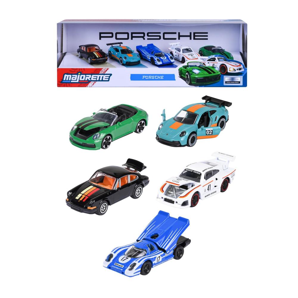 Set of 5 Licensed Majorette Diecast Cars (Porsche) - Porsche 917, Porsche 911 Carrera RS 2.7, Porsche 911 Carrera S, Porsche 935 K3, Porsche 911 GT3 Cup (992)