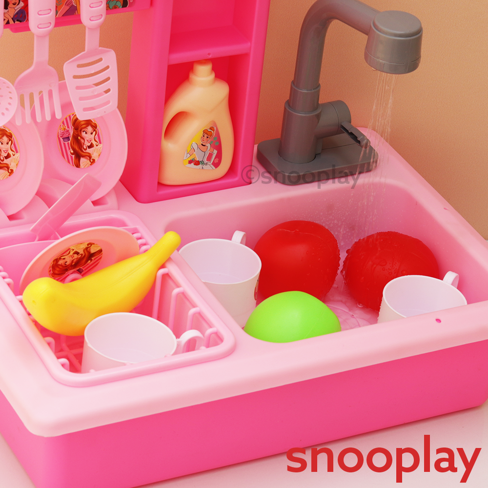 Kriiddaank Original Princess Toy Kitchen Sink with Realistic Running Water & Automatic Recycle System- 22 Pieces | Licensed Disney Toy (3-7 Years)