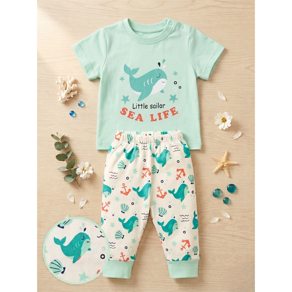 Mama's Care Sea Life 9 Pieces Gift Set - 100% Cotton Interlock Theme | Sea Green
