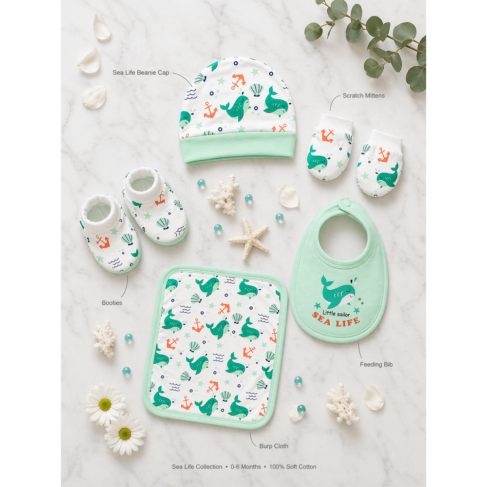 Mama's Care Sea Life 9 Pieces Gift Set - 100% Cotton Interlock Theme | Sea Green