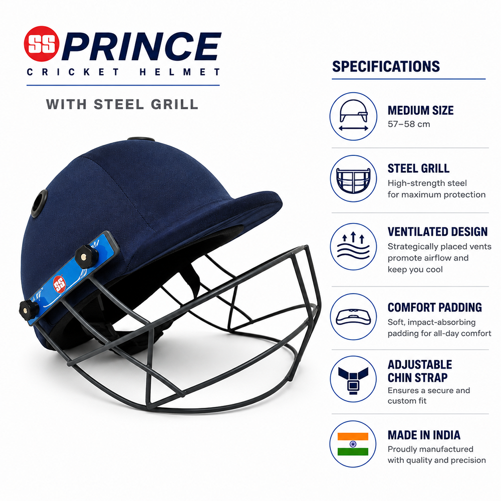 SS Prince Cricket Helmet with Steel Grill - Medium Size (57-58 cm)
