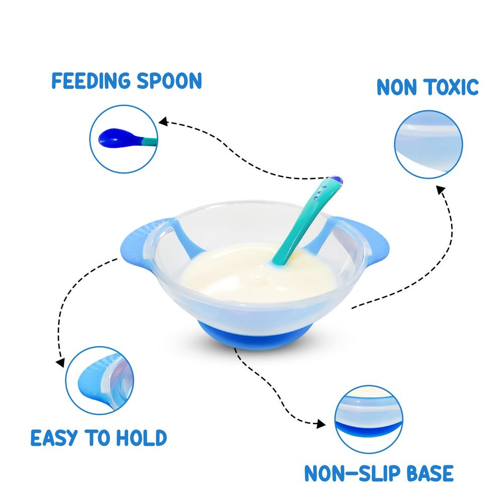 Zikku Baby Spill-Proof Silicone Suction Bowl Set with Temperature-Sensitive Spoon | Blue